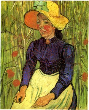 Bäuerin mit Strohhut, vor einem Getreidefeld sitzend