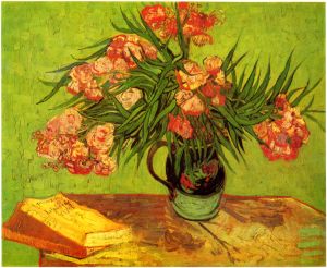Stillleben: Vase mit Oleander und Bücher