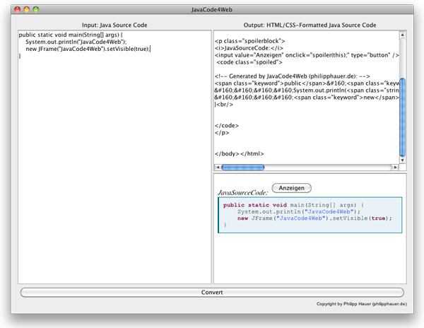 JavaCode4Web - Syntaxhighlighting für Java Code. HTML und CSS Formatierung