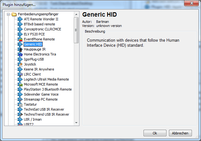 Generic HID in EventGhost auswählen. Apple Remote unter Windows