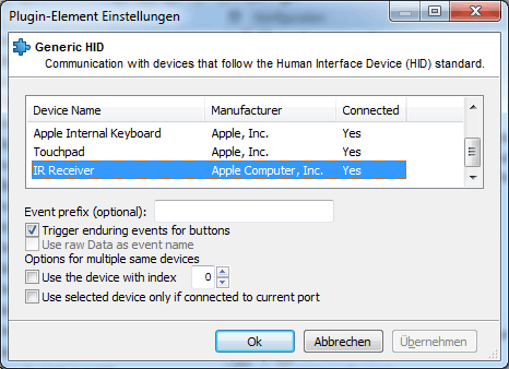 IR Receiver asuwählen, damit Ereignisse (Tastendruck) unter Windows erkannt werden